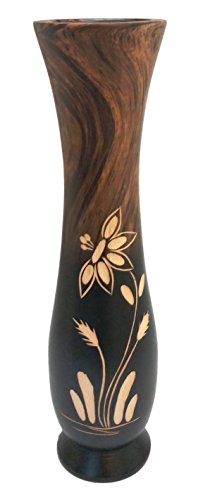 roro Handcarved Wood Floral Etched Vase, Two Tone Brown 12 inch