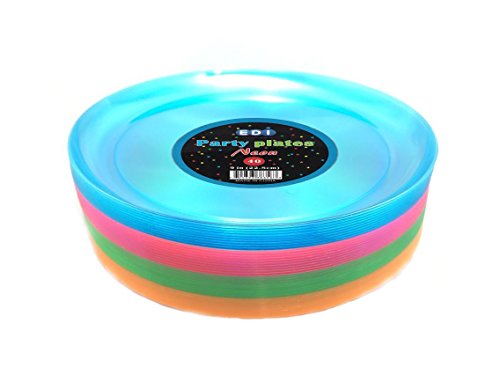 EDI Hard Plastic 9-Inch Round Party/Luncheon Plates, Assorted Neon, 40-Count