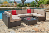 Suncrown Outdoor Furniture Sectional Sofa Set (7-Piece Set) All-Weather Brown Wicker with Brown Washable Seat Cushions & Modern Glass Coffee Table | Patio, Backyard, Pool | Incl. Waterproof Cover