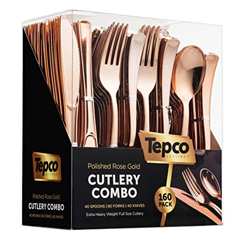 160 Rose Gold Plastic Silverware Set - Rose Gold Flatware Set - Plastic Rose Gold Cutlery Set Disposable - 80 Plastic Forks - 40 Plastic Spoons- 40 Plastic Knives - Heavy Duty for Party Bulk Pack