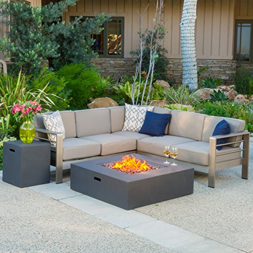 Crested Bay | Outdoor Aluminum Sectional Sofa Set with Propane Fire Table | Khaki/Grey