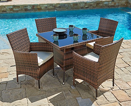 Suncrown Outdoor Furniture All-Weather Square Wicker Dining Table and Chairs (5-Piece Set) Washable Cushions | Patio, Backyard, Porch, Garden, Poolside | Tempered Glass Tabletop | Modern Design